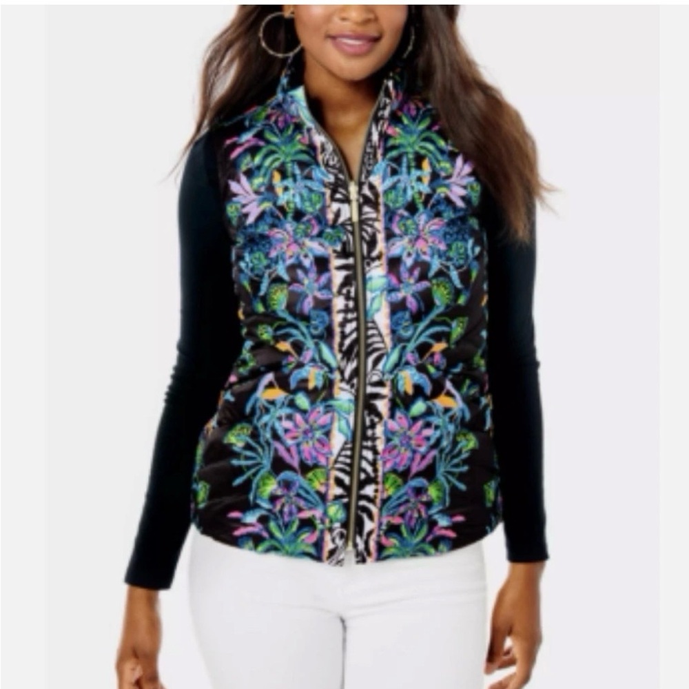 Lilly Pulitzer Deanne Reversible Vest Paradise Glow Black Sz XL EUC Floral
